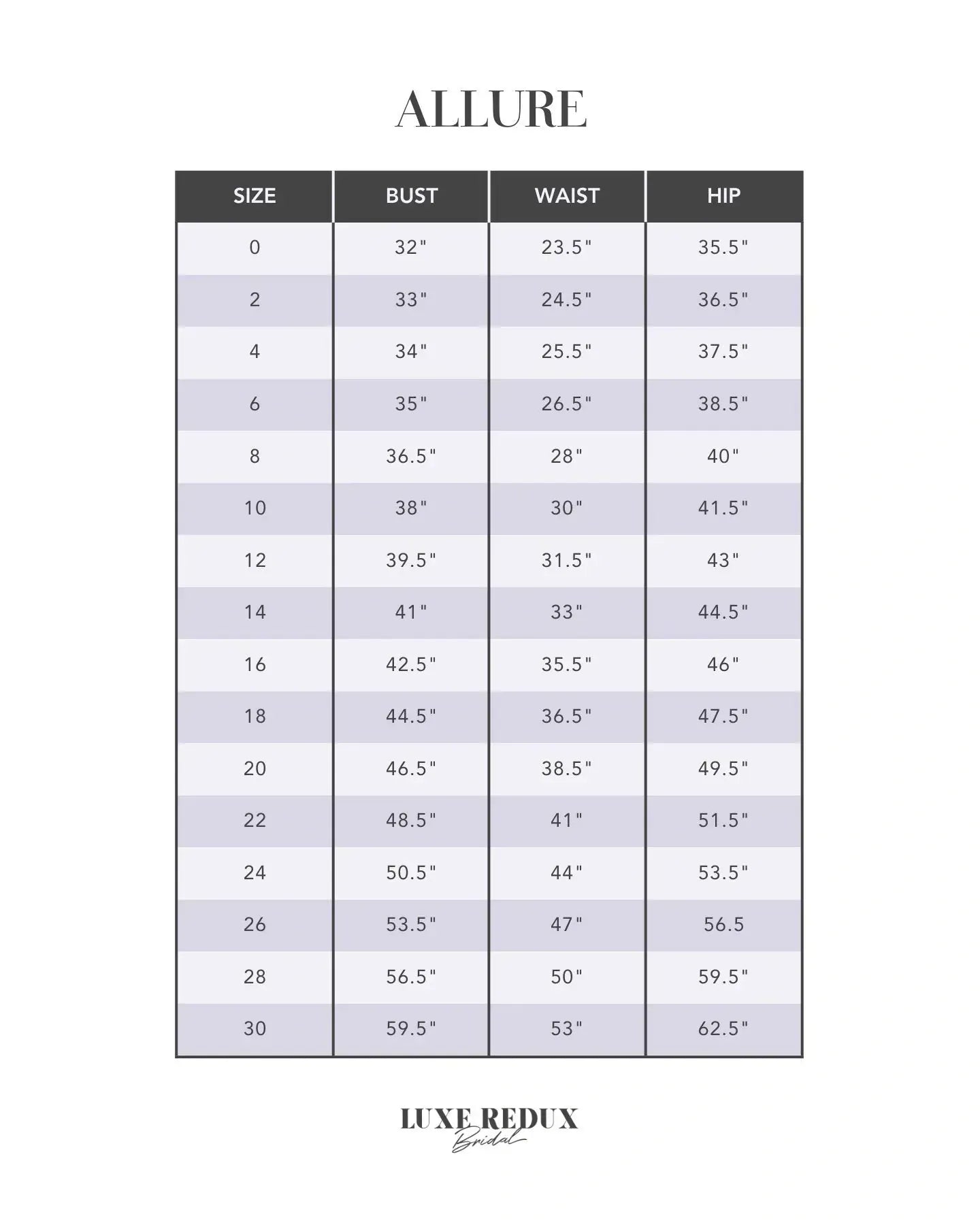 Allure Couture C630 - Size 12 Size Chart