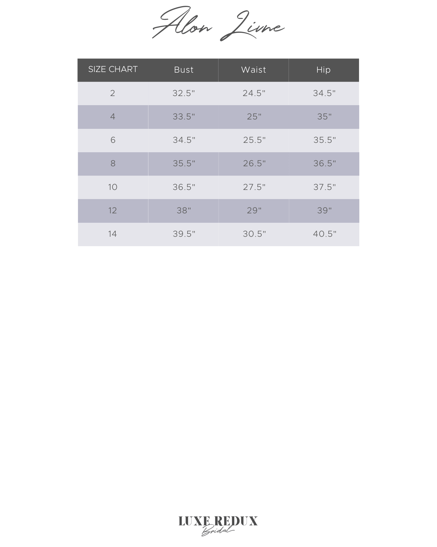 Alon Livne Charlotte - Size 12 Size Chart