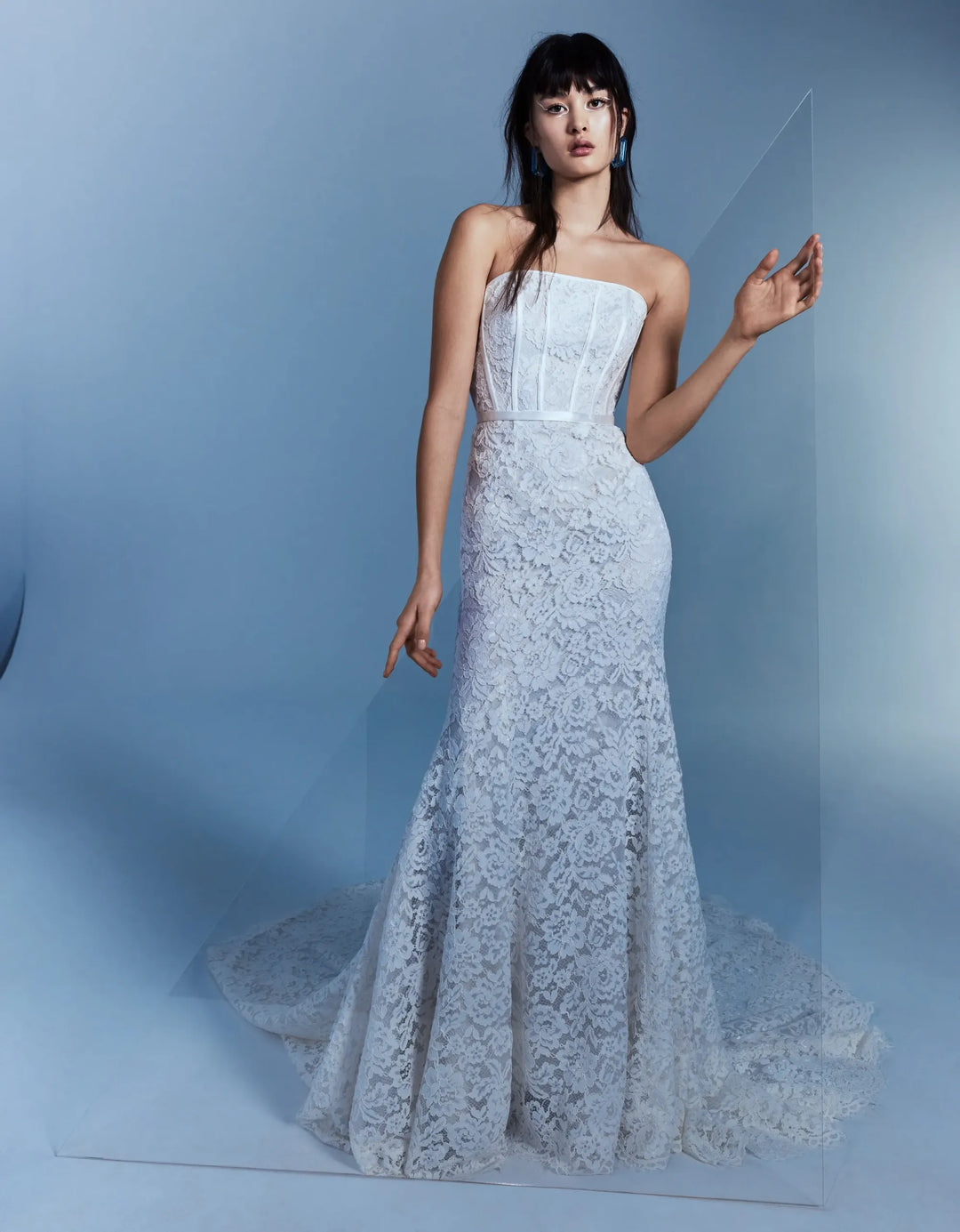 full front of alyne poppy ivory lace sheath wedding dress with a strapless straight neckline
