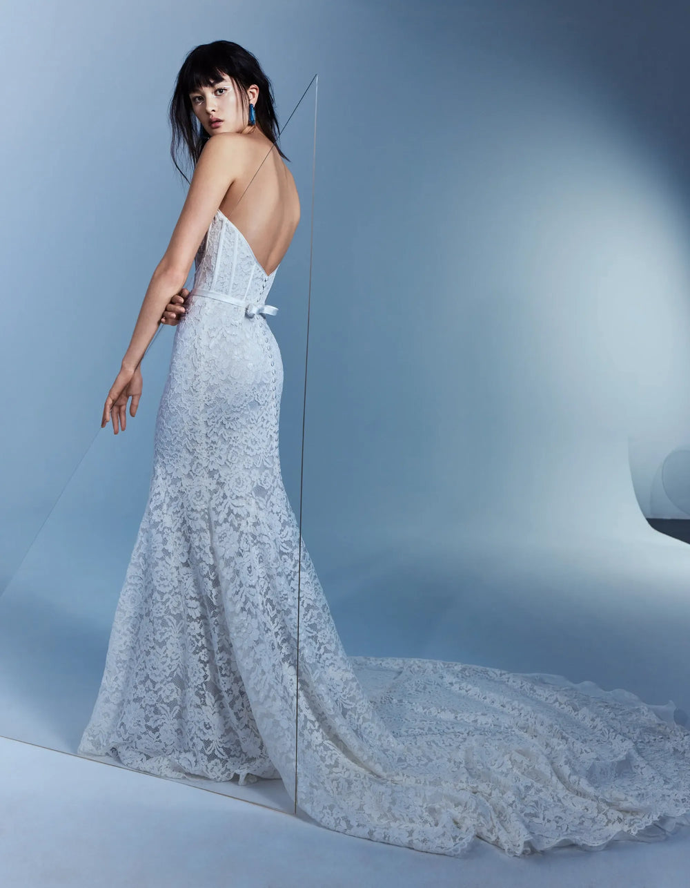full back of alyne poppy ivory lace sheath wedding dress with a strapless straight neckline