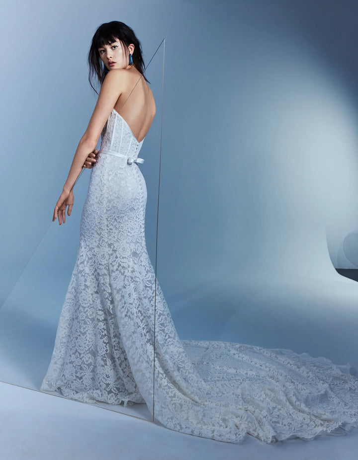 full back of alyne poppy ivory lace sheath wedding dress with a strapless straight neckline