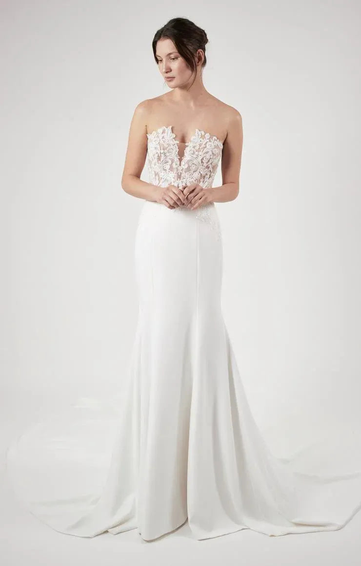 full front of alyne zadye ivory crepe fitted wedding dress with a lace applique bodice