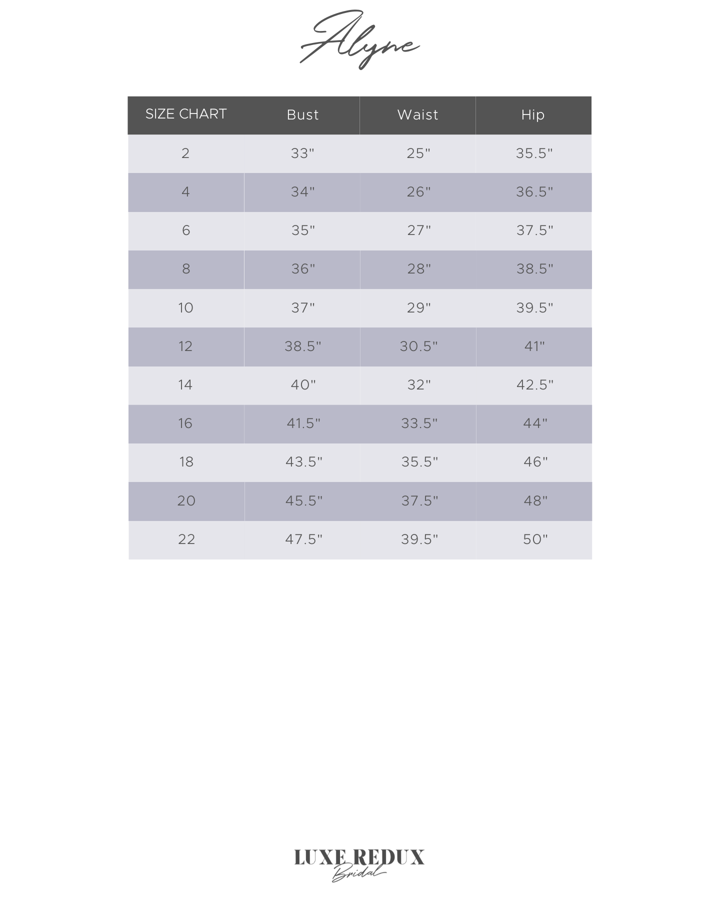 Alyne Melody - Size 12 Size Chart