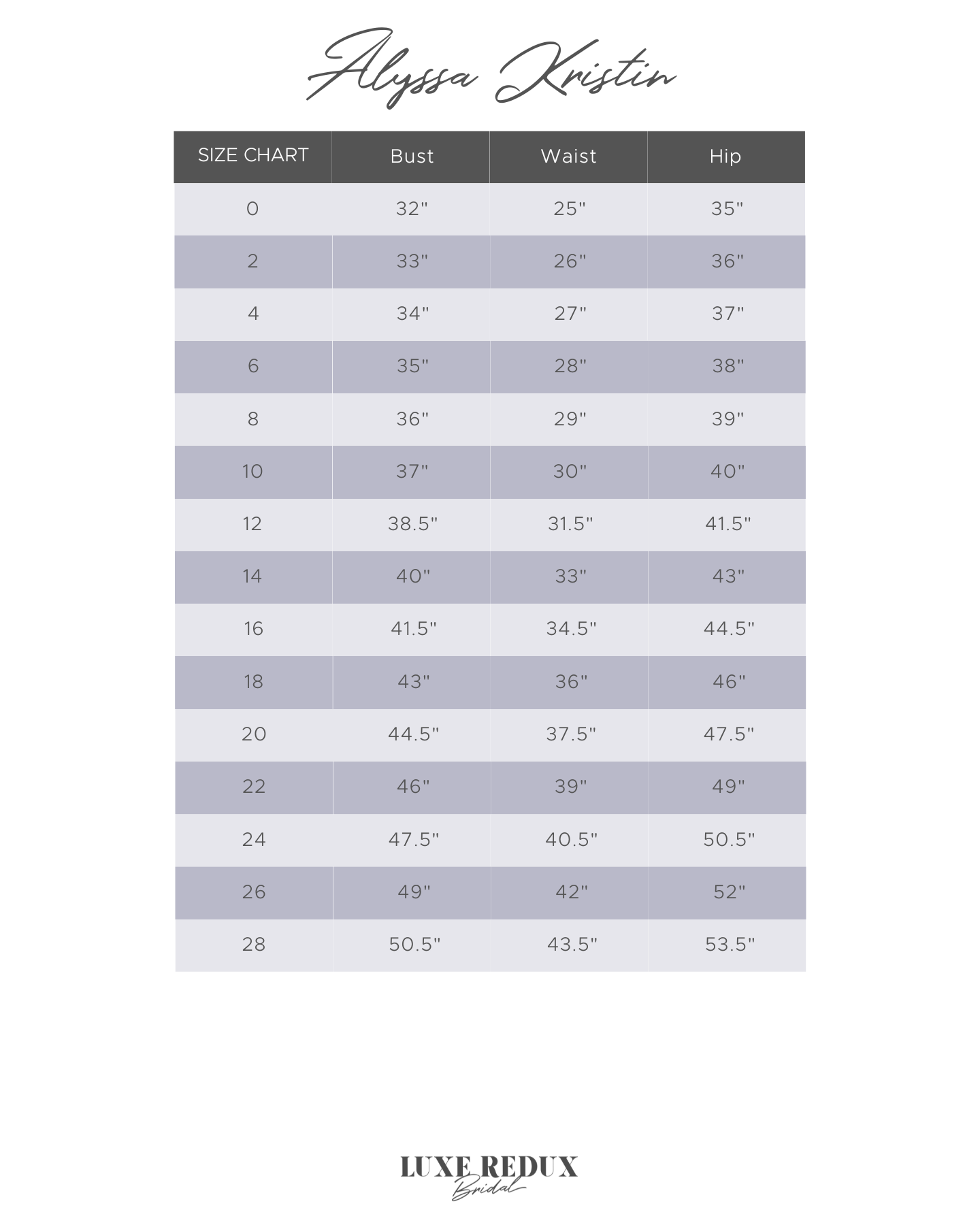 Alyssa Kristin Esme - Size 10 Size Chart