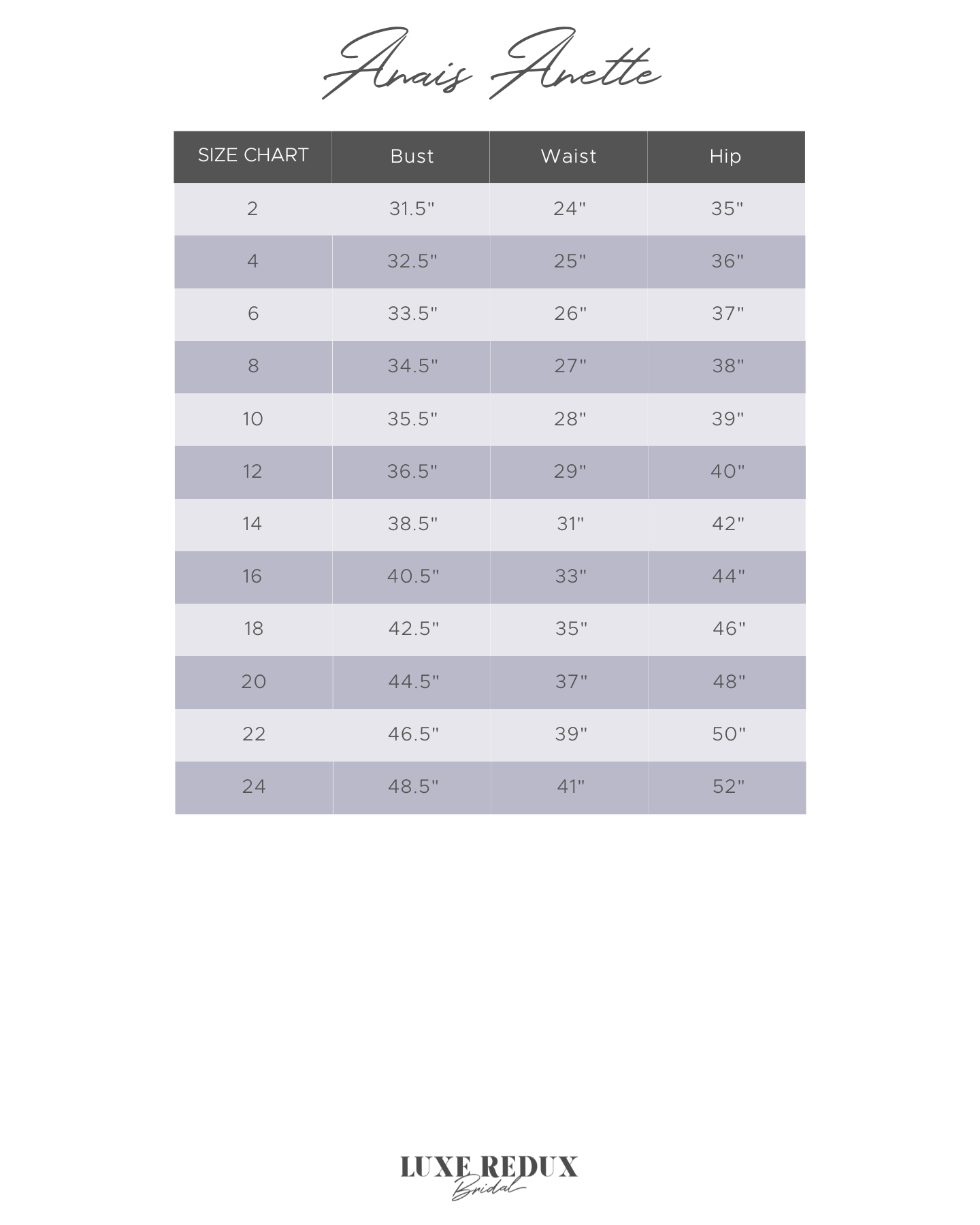 Anais Anette Porter - Size 18 Size Chart