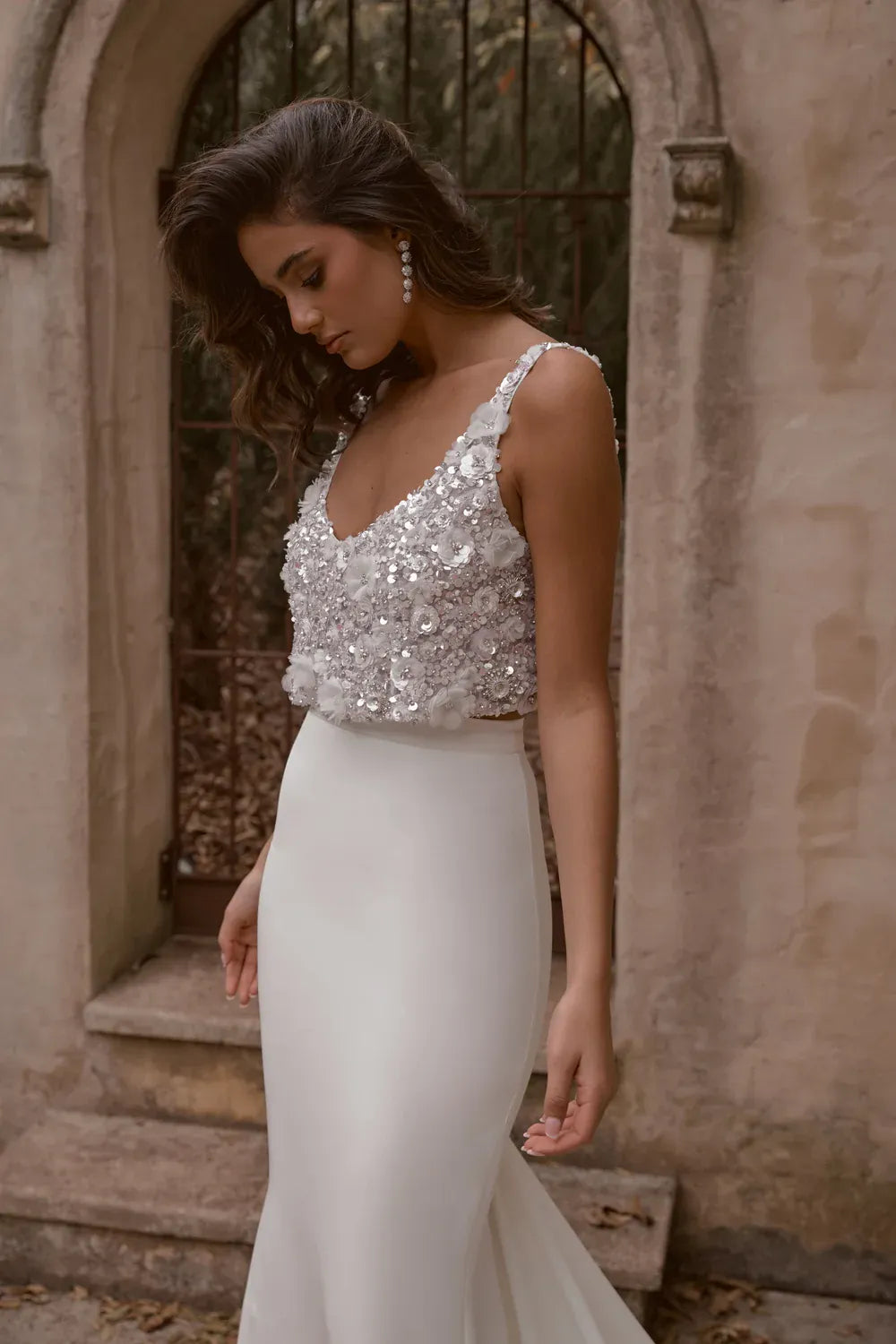 close up of the front of anna campbell darcy ivory crepe skirt