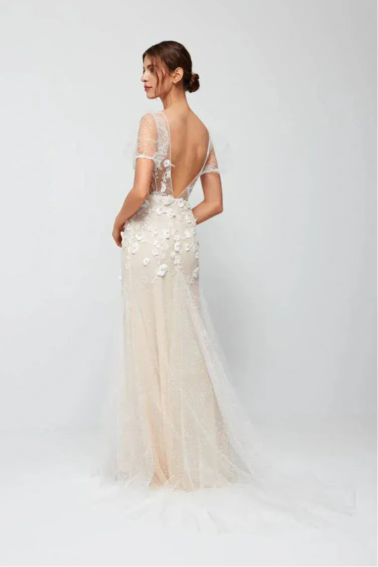 full back of anna kara brida nude tulle fitted wedding dress featuring lace embellishments and a plunge neckline