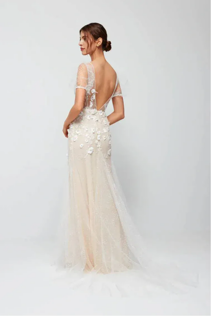 full back of anna kara brida nude tulle fitted wedding dress featuring lace embellishments and a plunge neckline