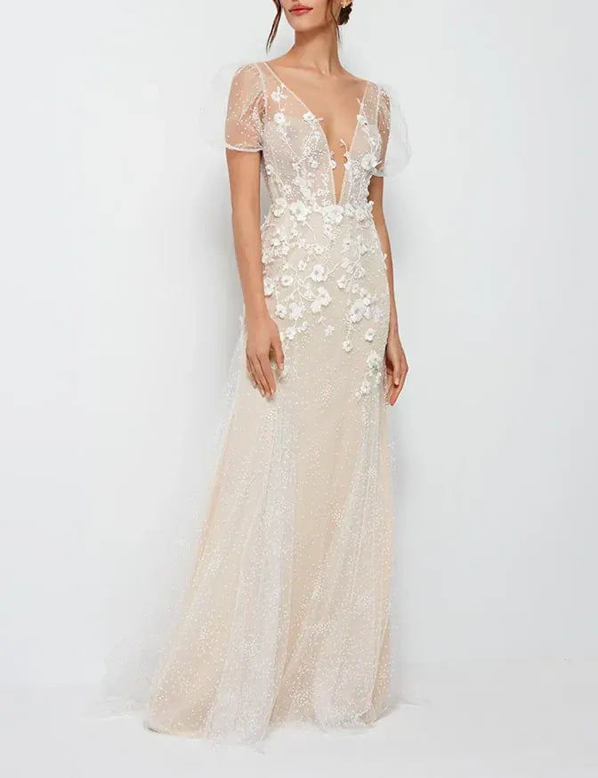full front of anna kara brida nude tulle fitted wedding dress featuring lace embellishments and a plunge neckline