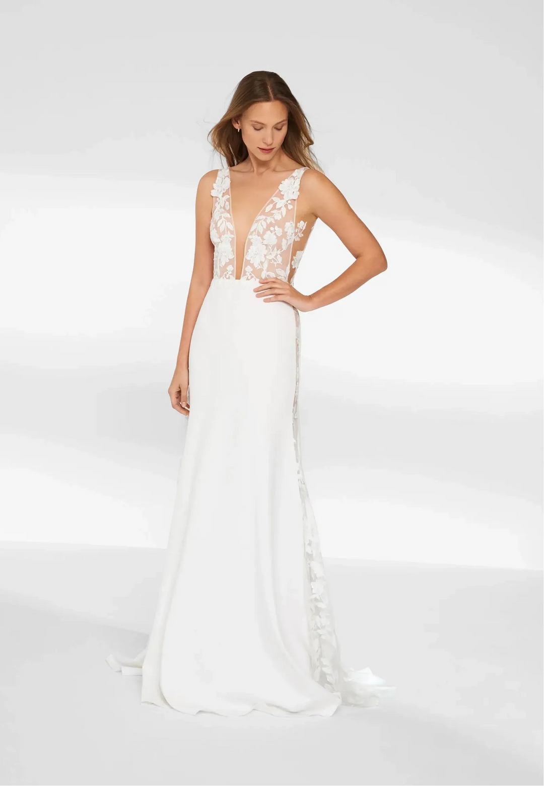 full front of anna kara liana ivory satin sheath wedding dress with a plunging neckline and sheer lace details