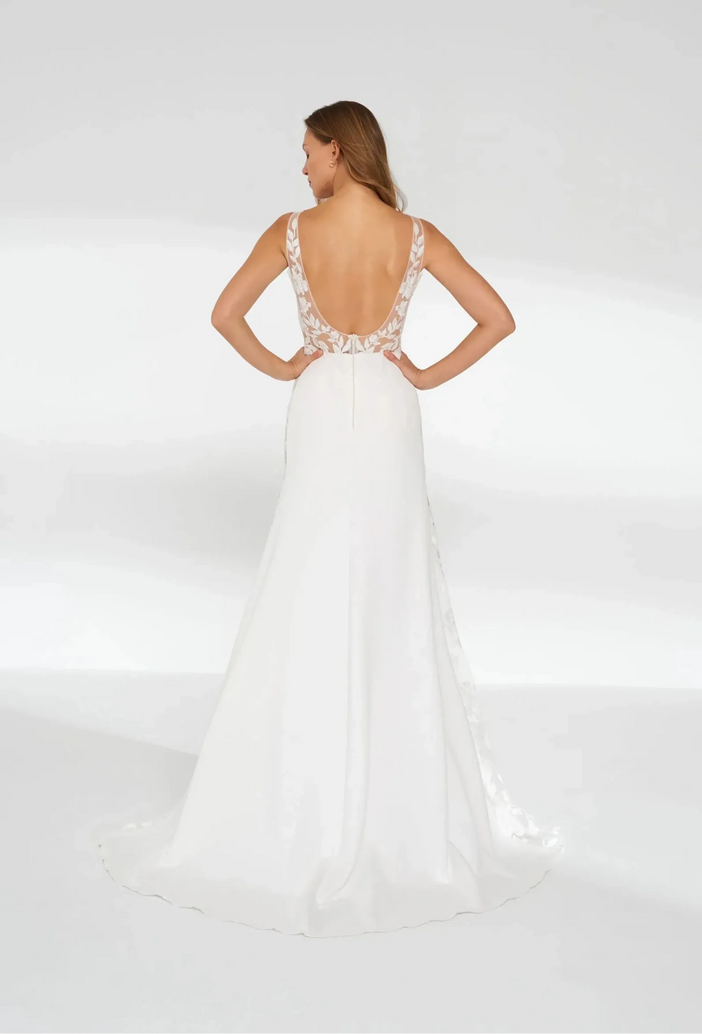full back of anna kara liana ivory satin sheath wedding dress with an open back and short train