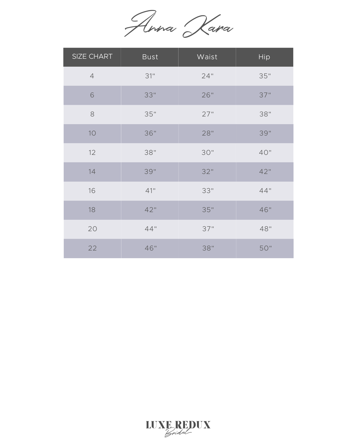 Anna Kara Courtney - Size 10 Size Chart