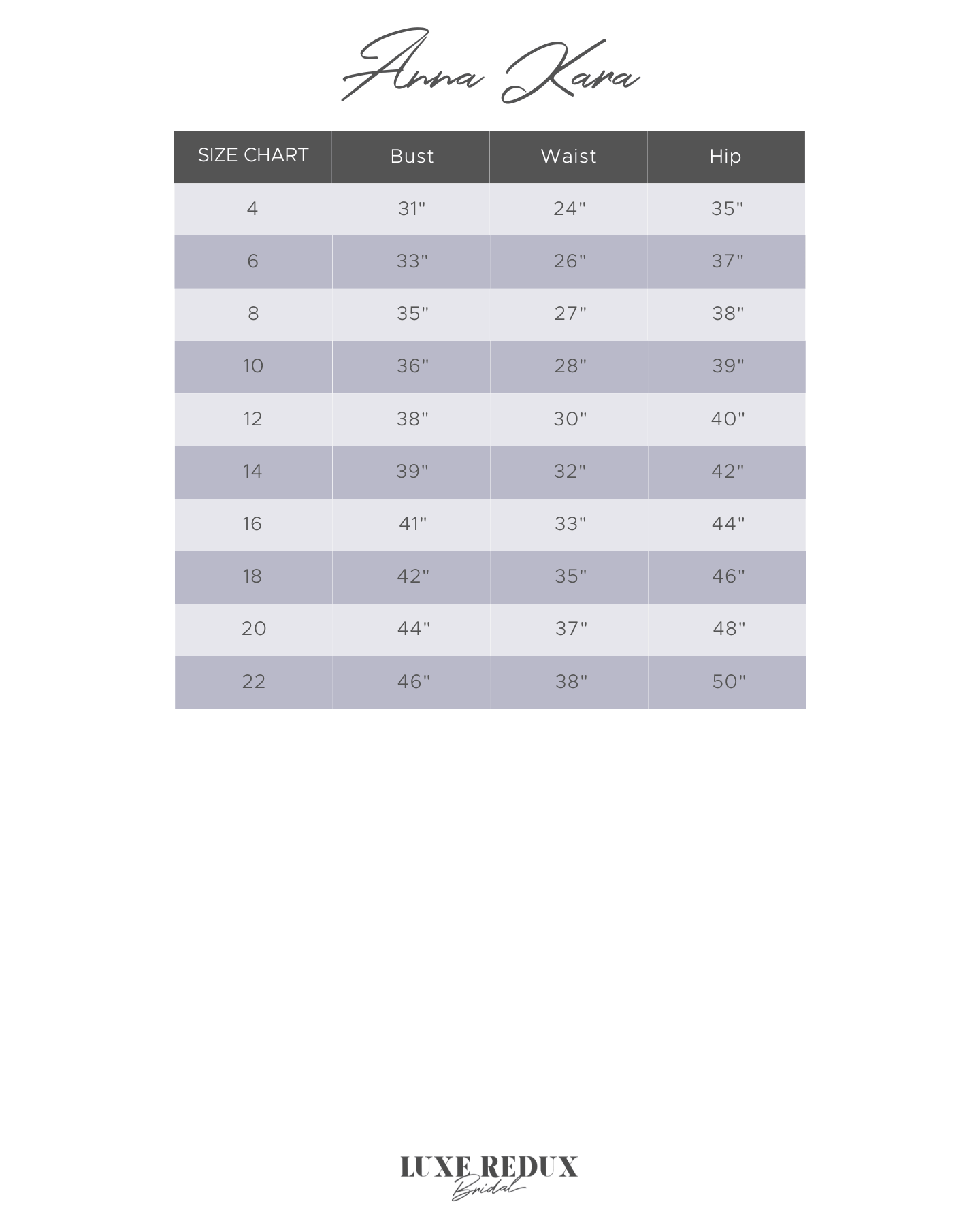 Anna Kara Liana - Size 10 Size Chart