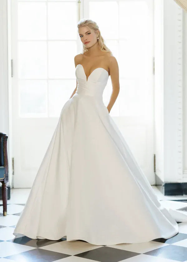 front of anne barge callanwolde ivory mikado a-line wedding dress with a strapless sweetheart neckline