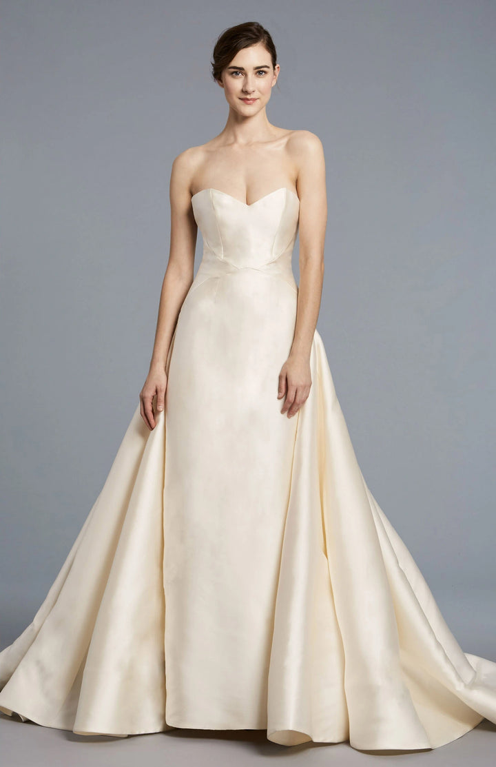 full front of anne barge radziwill ivory silk sheath wedding dress with a strapless sweetheart neckline