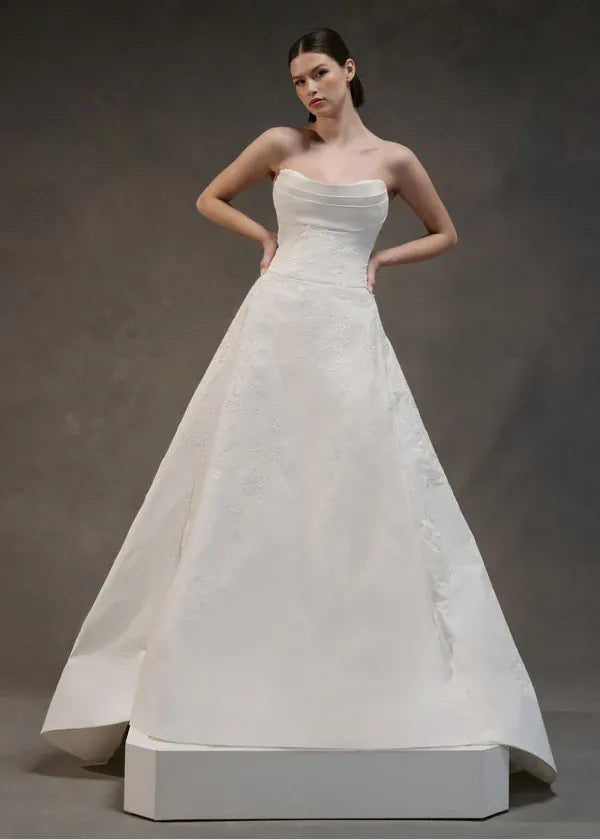 full front of anne barge solange ivory satin a-line wedding dress with a drop waist and draped neckline