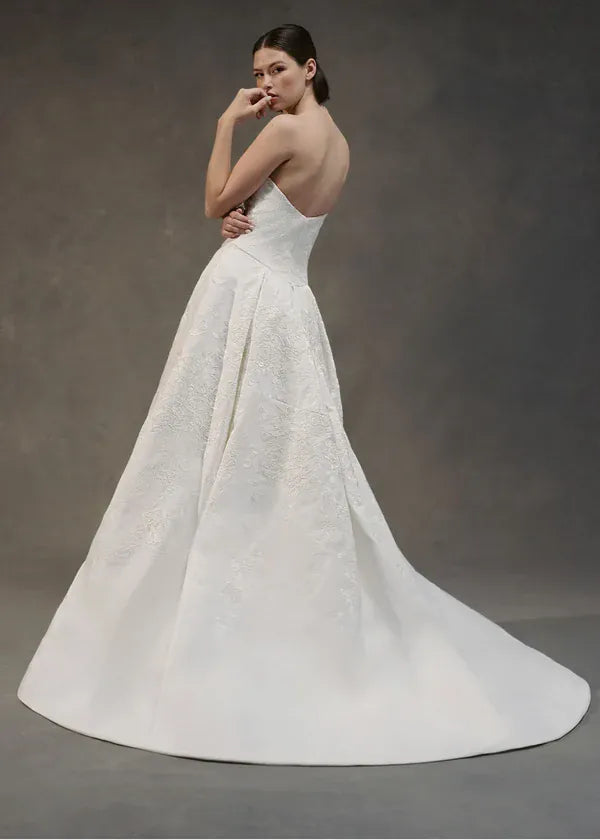 full back of anne barge solange ivory satin a-line wedding dress with a drop waist and draped neckline