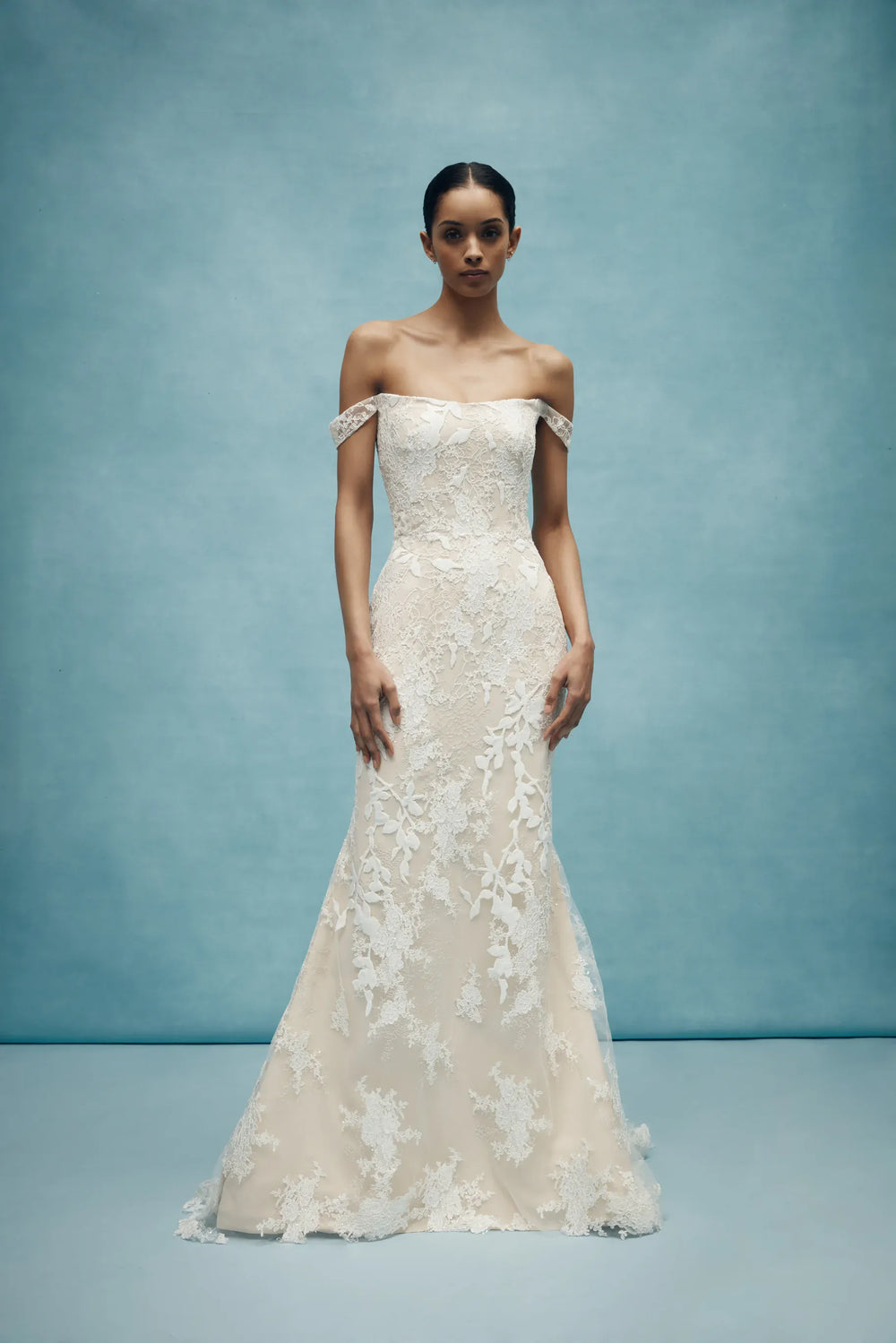 full front of anne barge walton lace fitted wedding dress with a matching overskirt [photo shows dress without the overskirt]