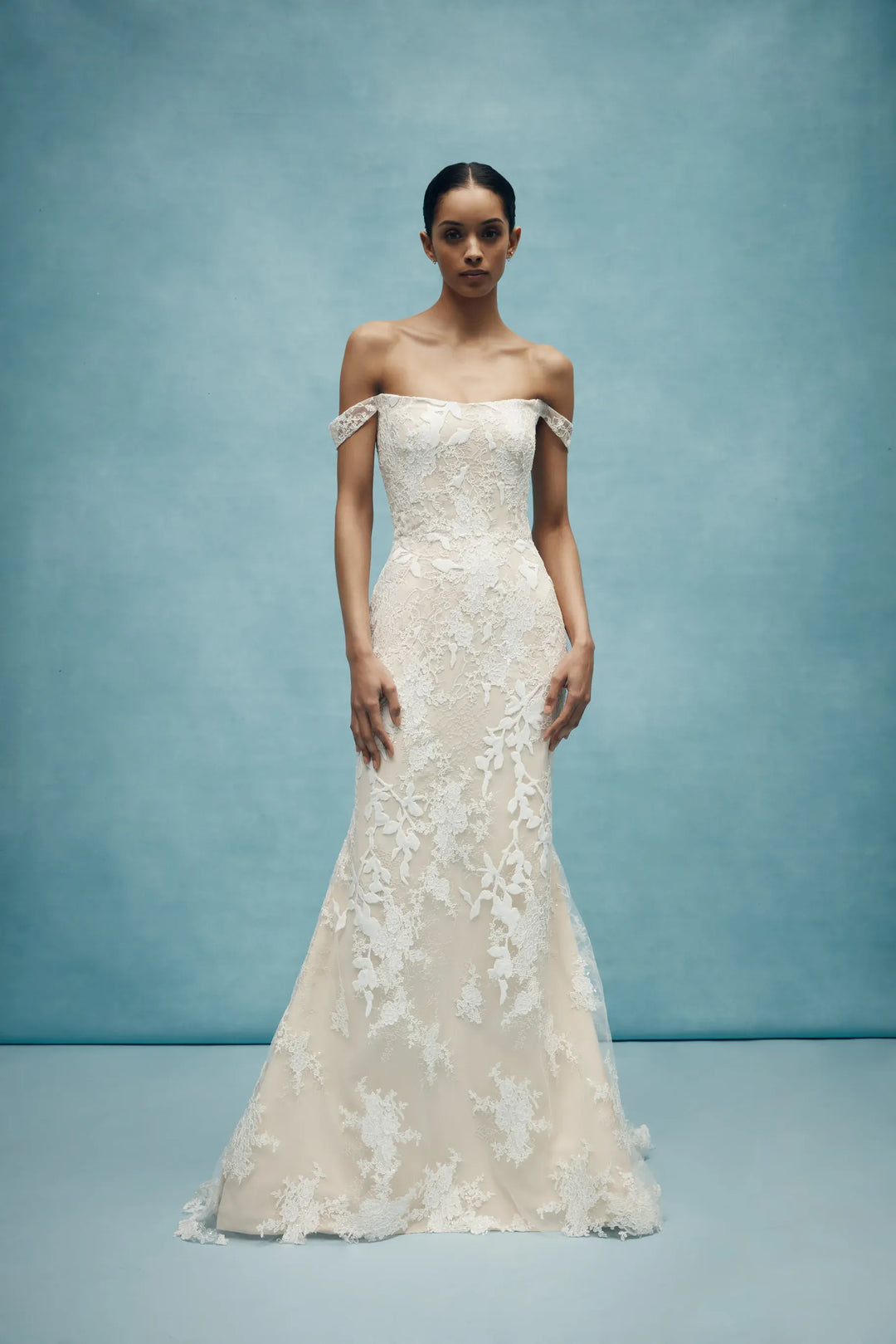 full front of anne barge walton lace fitted wedding dress with a matching overskirt [photo shows dress without the overskirt]