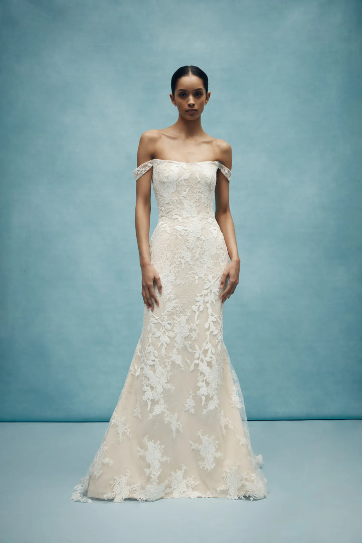 full front of anne barge walton lace fitted wedding dress with a matching overskirt [photo shows dress without the overskirt]
