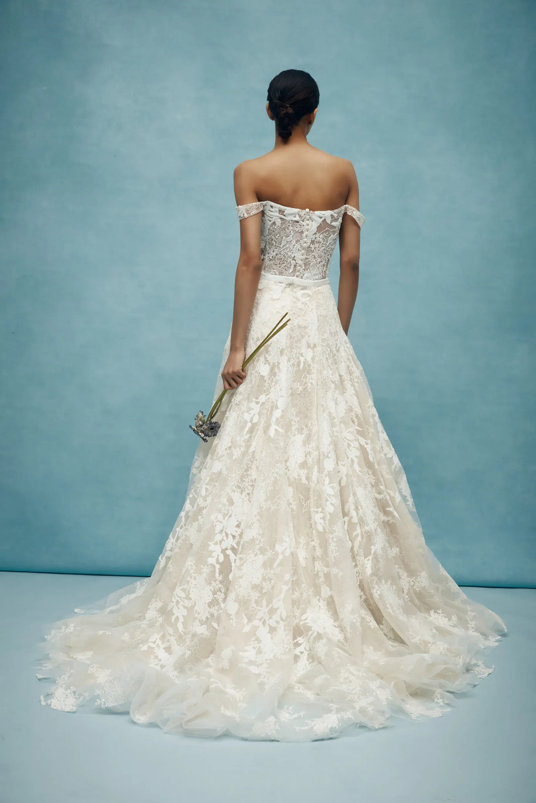 full back of anne barge walton lace fitted wedding dress with a matching overskirt