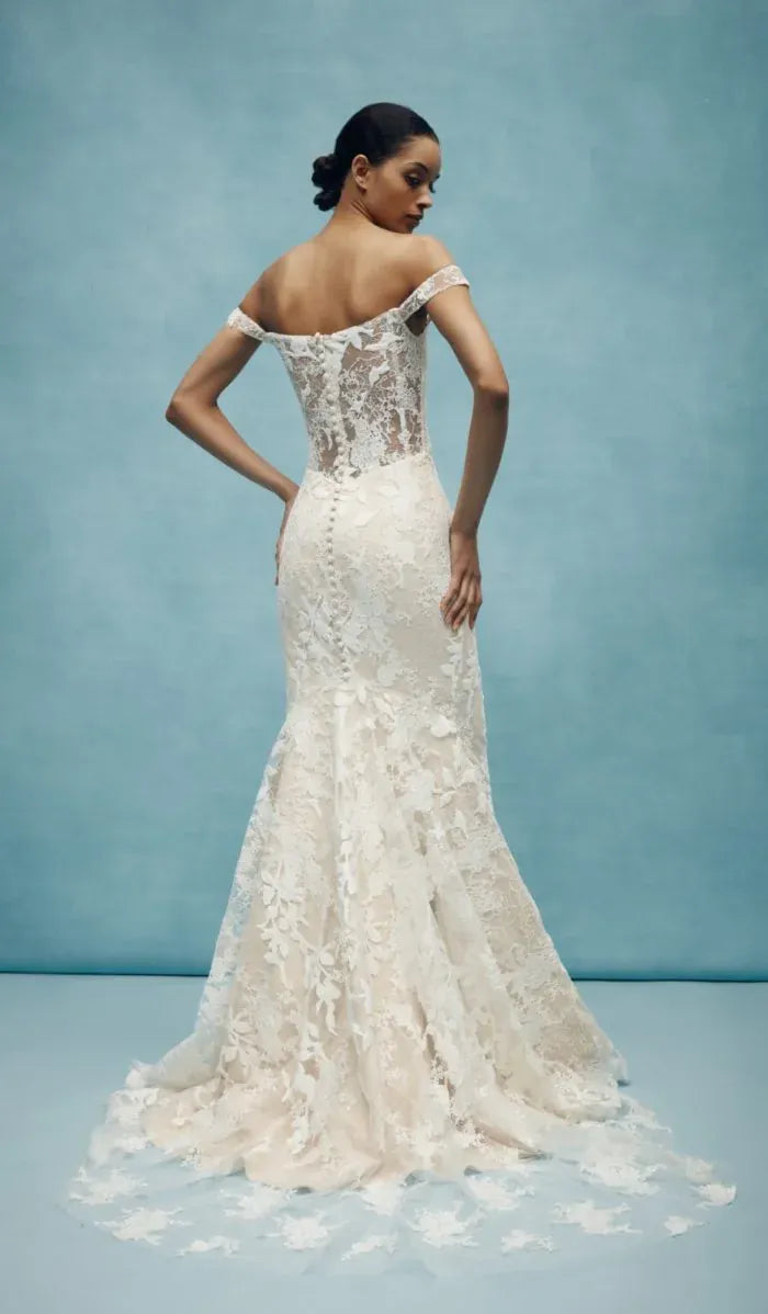 full back of anne barge walton lace fitted wedding dress with a matching overskirt [photo shows the gown without the overskirt]