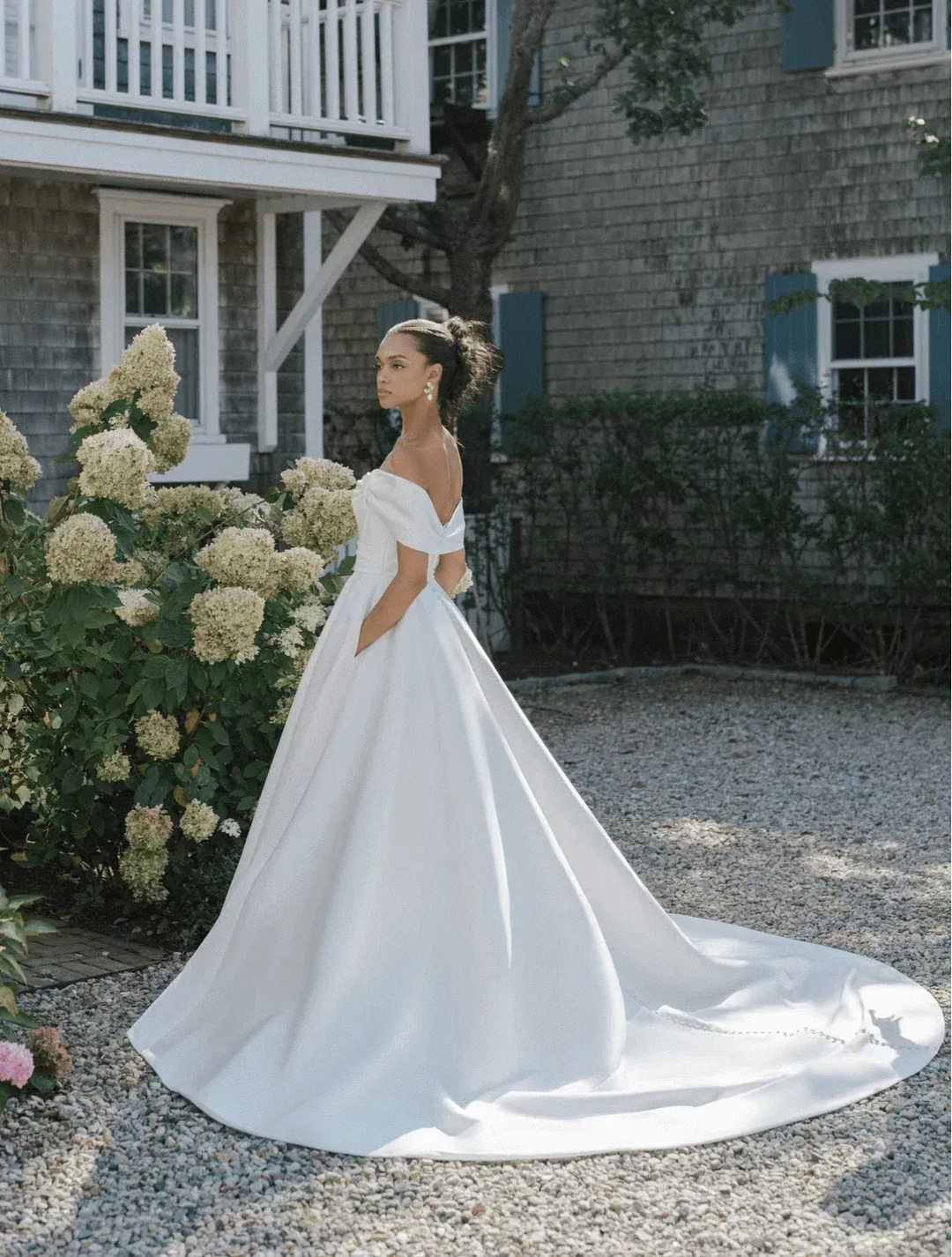 Blue Willow by Anne Barge Warren Wedding Dress – Mikado Ball Gown with Off-the-Shoulder Neckline and Slit in Skirt – Size 12 – Luxe Redux Bridal