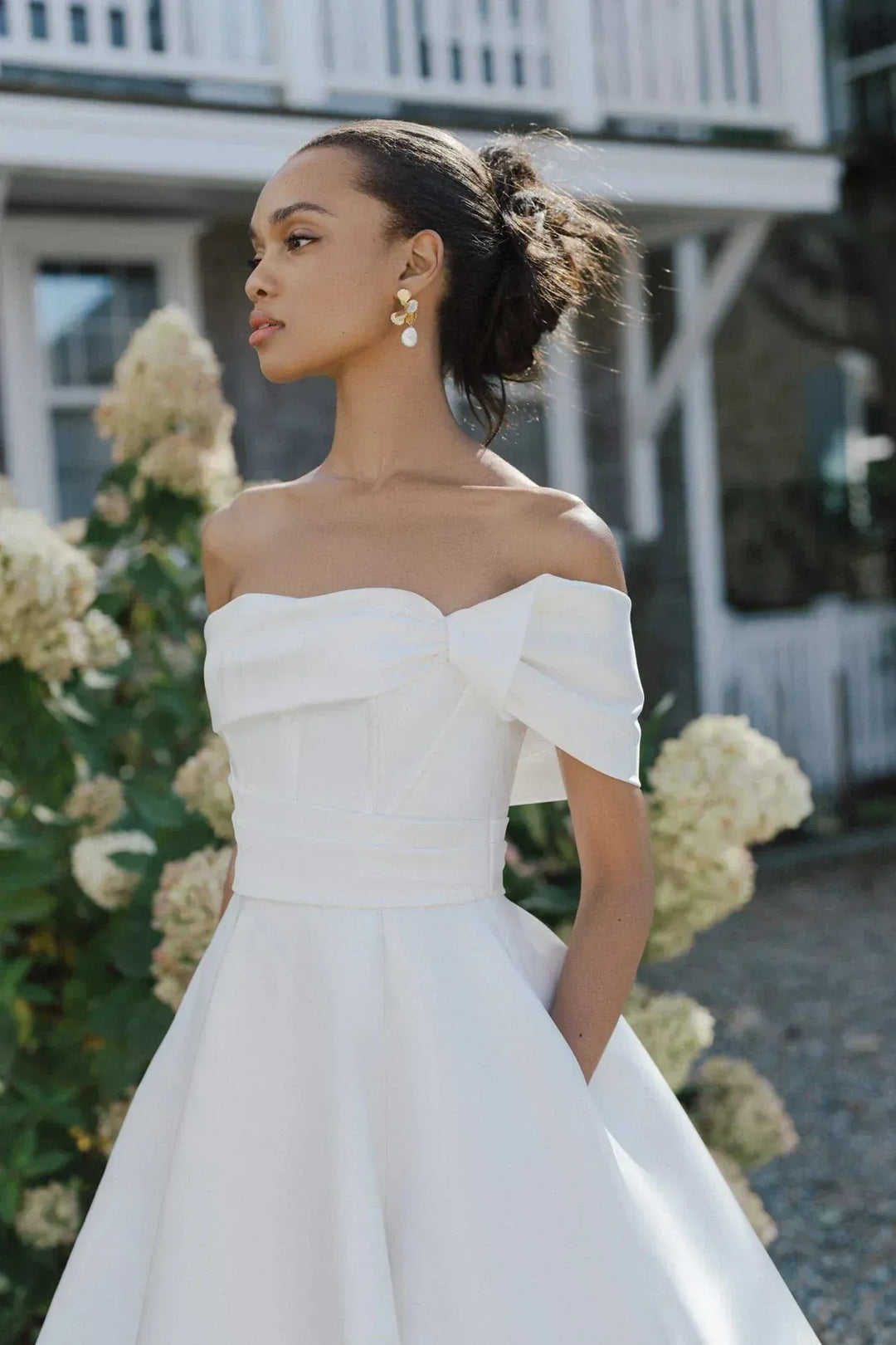 Blue Willow by Anne Barge Warren Wedding Dress – Mikado Ball Gown with Off-the-Shoulder Neckline and Slit in Skirt – Size 12 – Luxe Redux Bridal