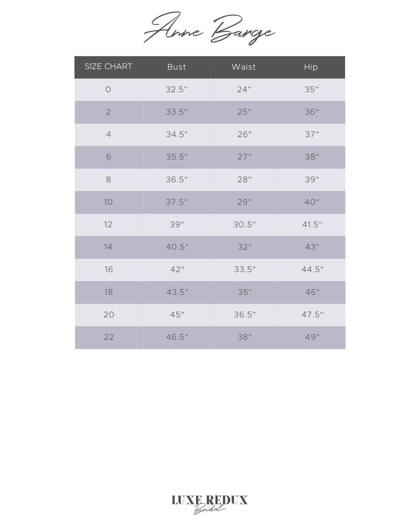 Anne Barge Ryder - Size 12 Size Chart