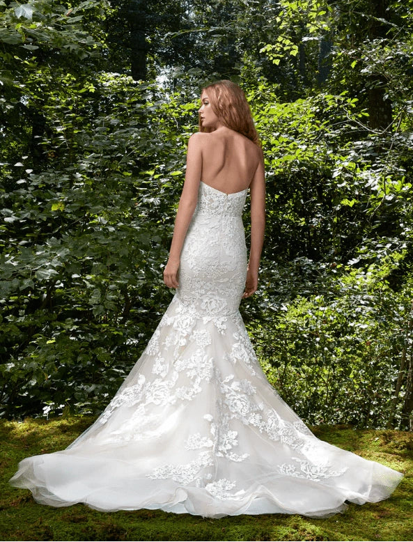 back of anne barge bliss ivory tulle fit and flare wedding dress with lace appliques scattered throughout and a chapel length train