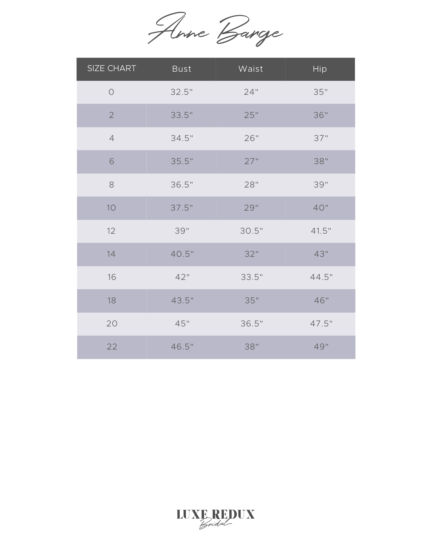 Anne Barge Danbury - Size 12 Size Chart