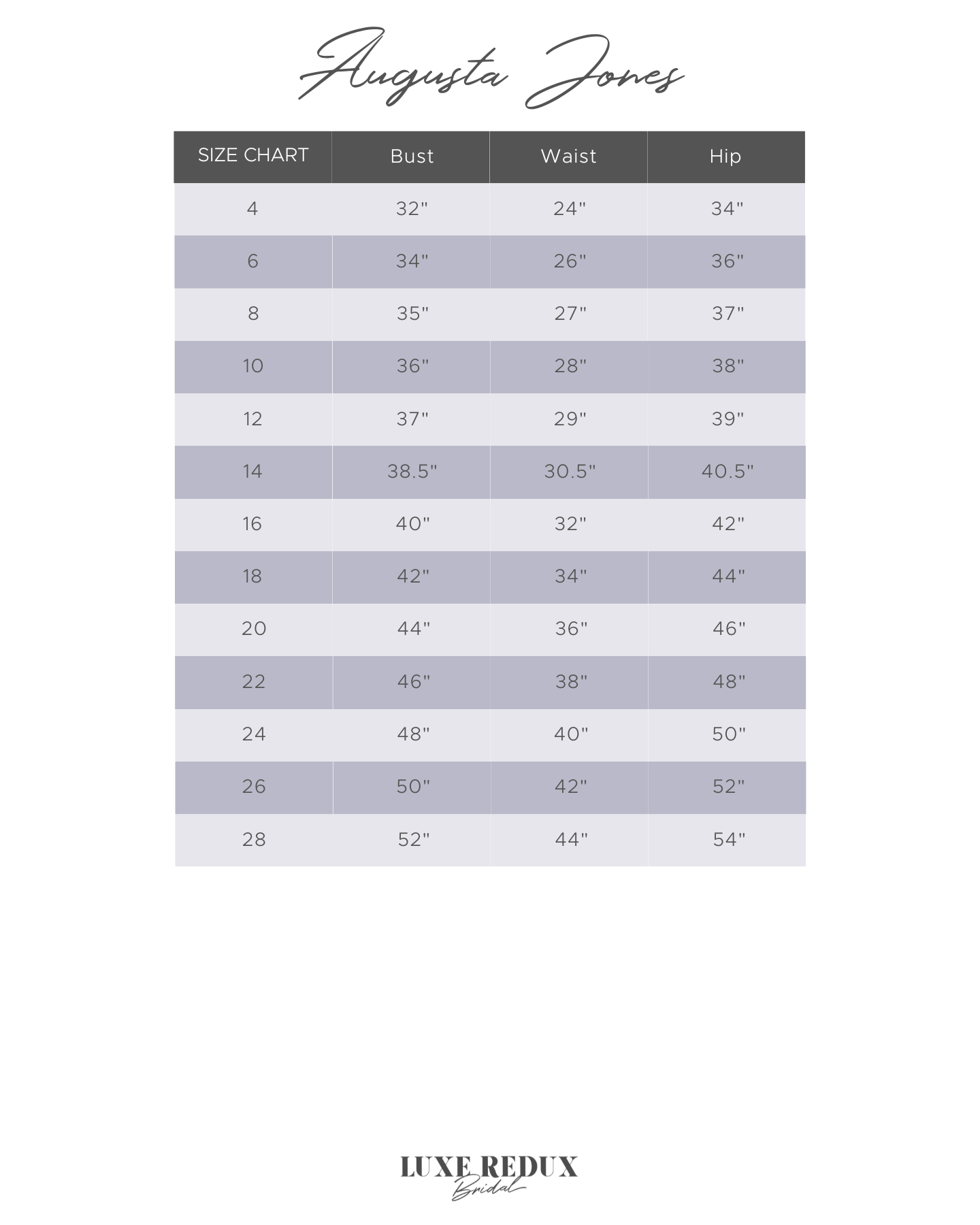 Augusta Jones Aspen - Size 12 Size Chart