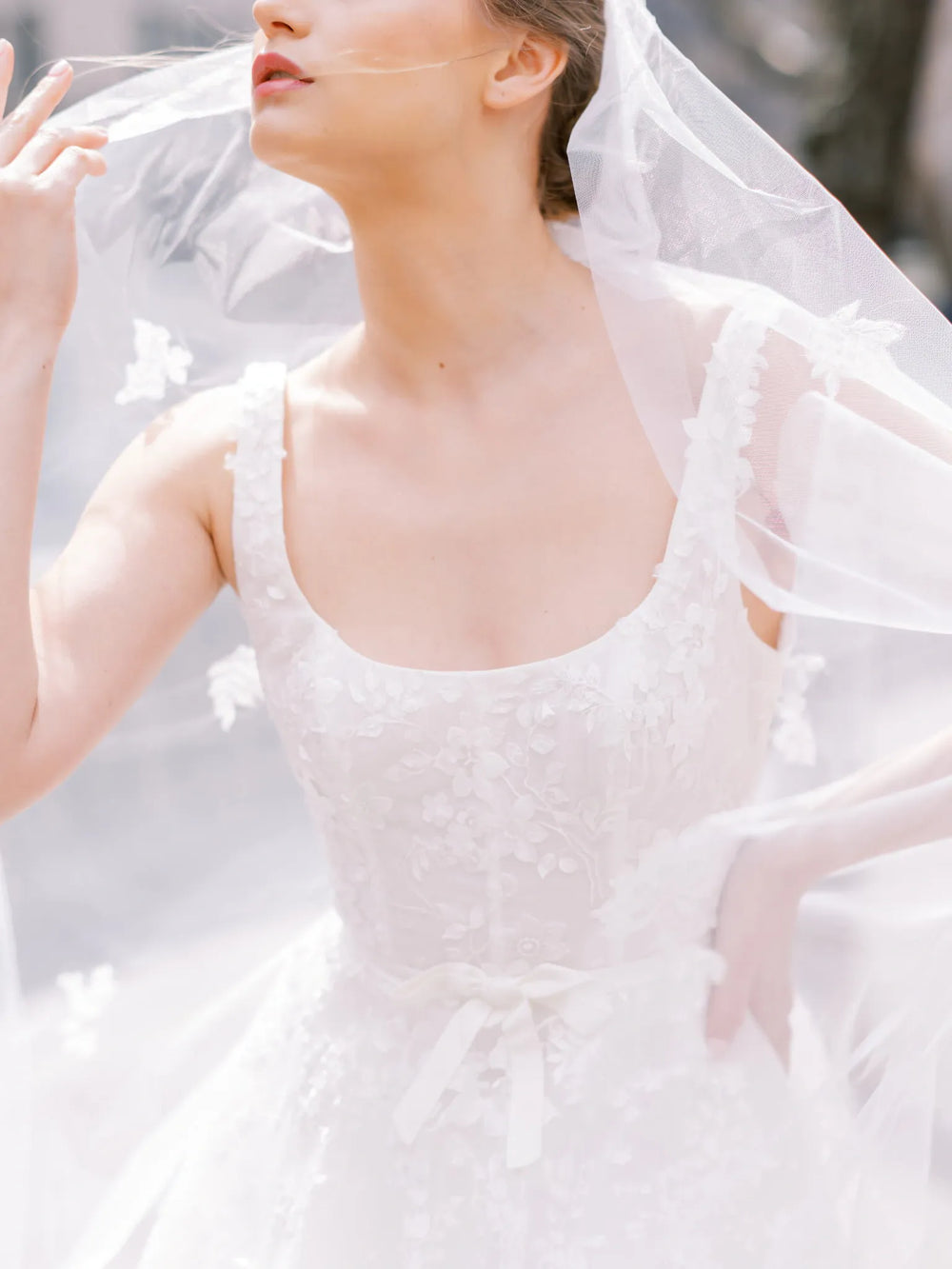 A bride wearing a white lace wedding dress with a sheer veil, shown in a softly blurred outdoor setting.