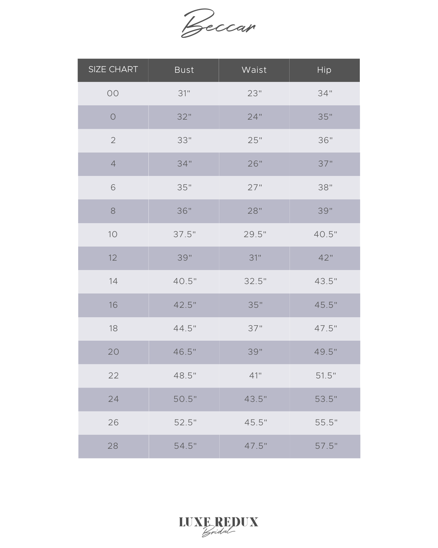 Beccar Couture Clarity [Custom] - Size 12 Size Chart