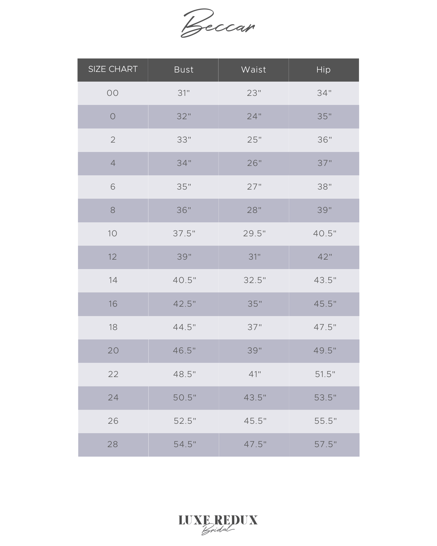 Beccar Serenity - Size 10 Size Chart