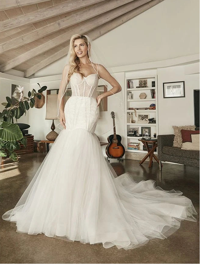 full front of beloved by casablanca ivory tulle fit and flare wedding dress featuring a beaded sweetheart bodice and flared tulle skirt
