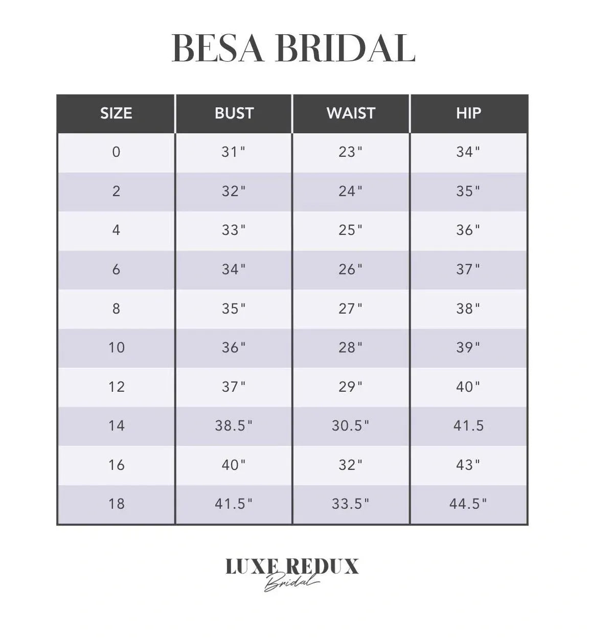 Besa Bridal Hazel - Size 10 Size Chart