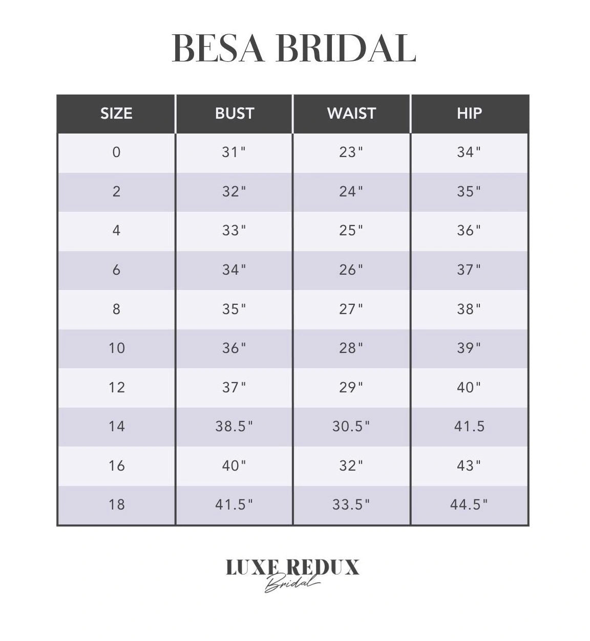 Besa Bridal Andre - Size 10 Size Chart