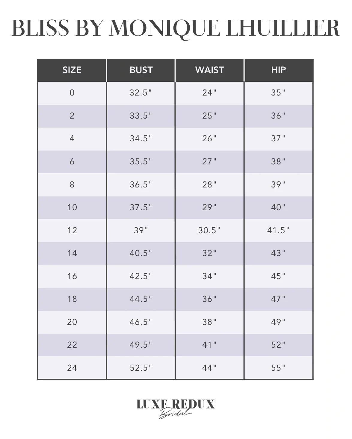 Bliss by Monique Lhuillier BL25202 - Size 12 Size Chart