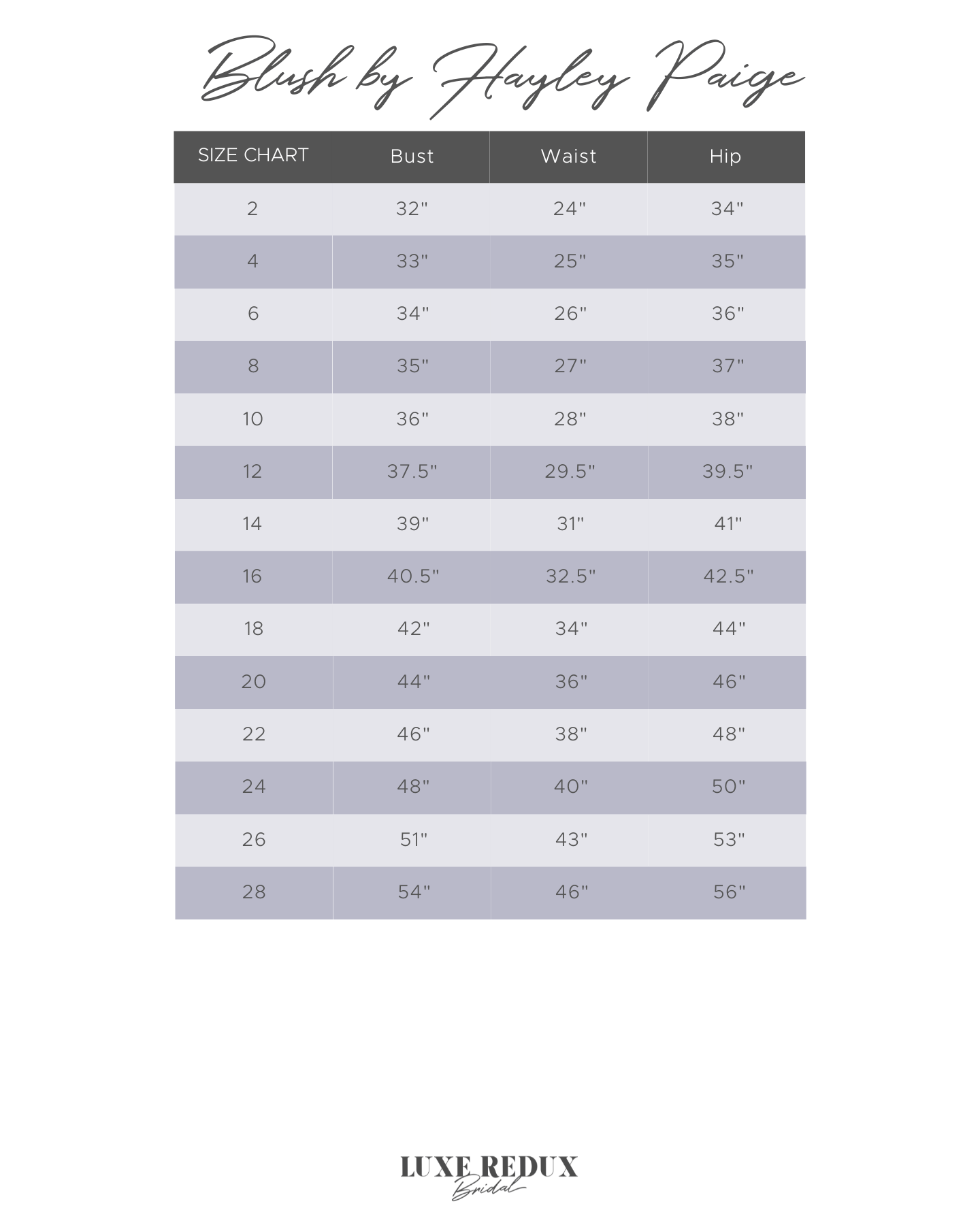 Blush by Hayley Paige Delta - Size 20 Size Chart