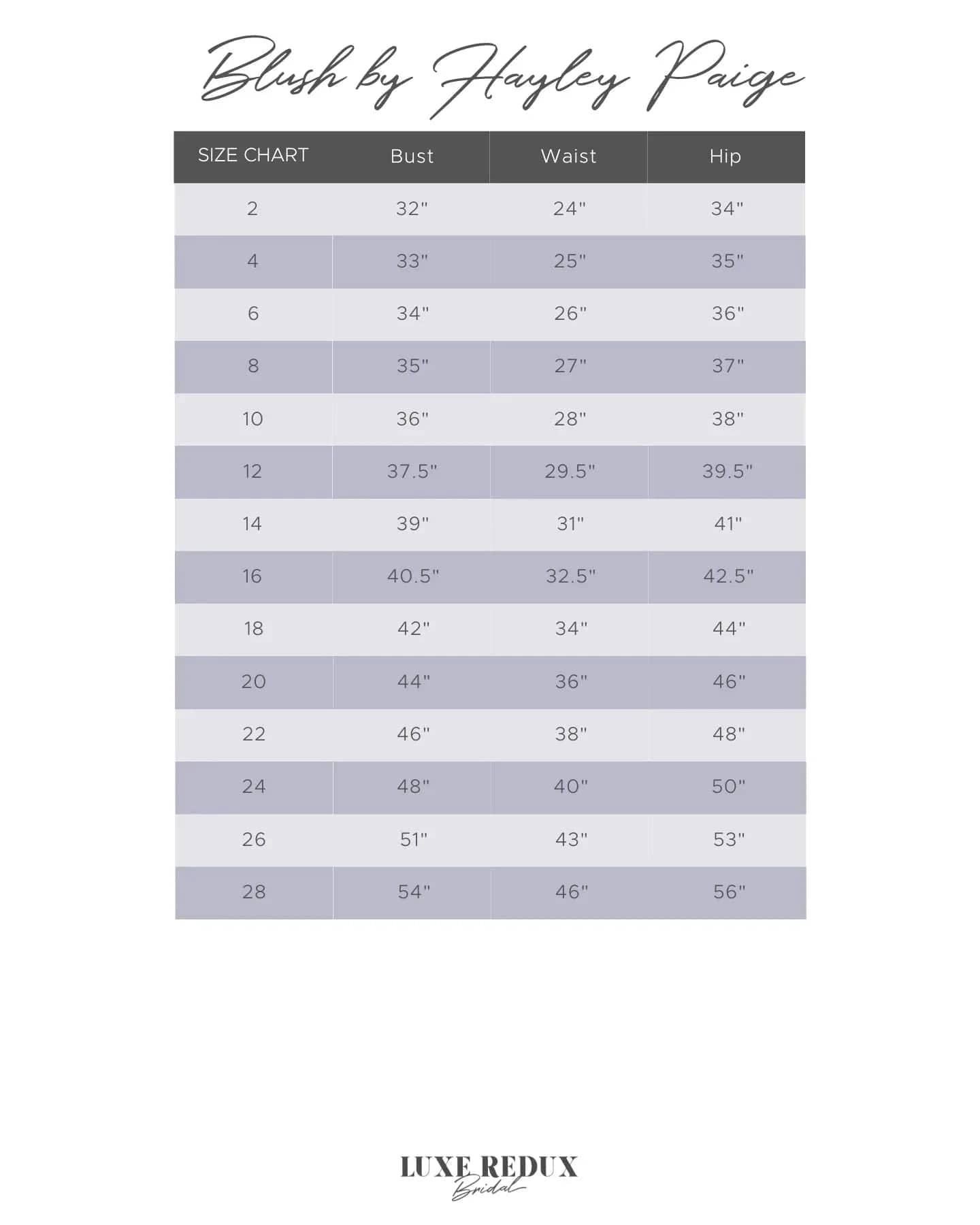 Blush by Hayley Paige Dakota - Size 16 Size Chart