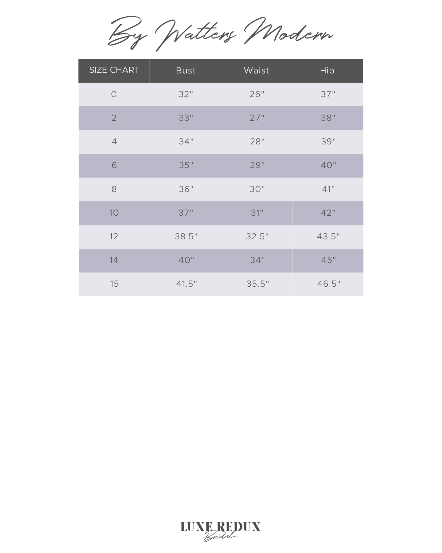 By Watters Naya - Size 16W Size Chart