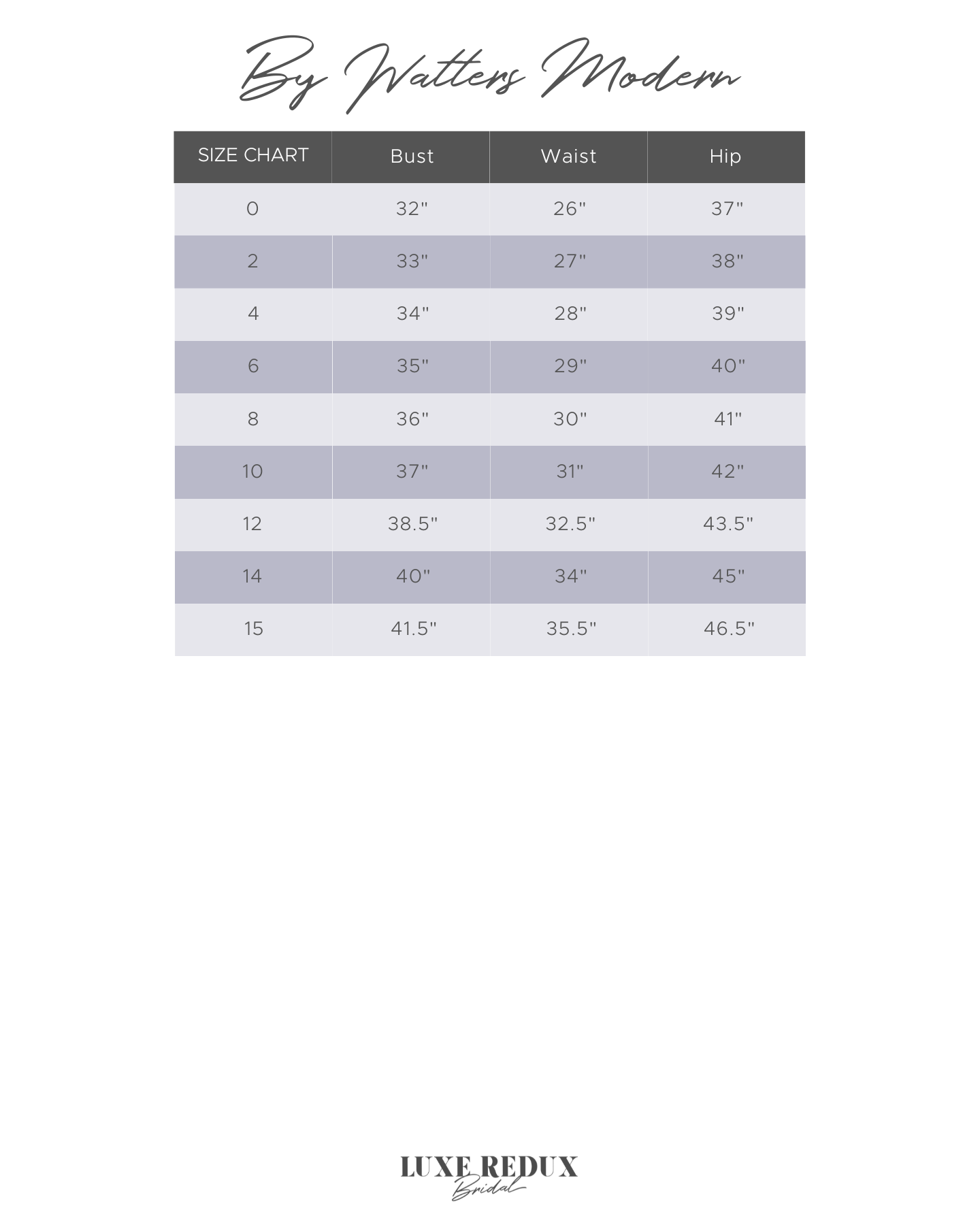 By Watters Tilley 31407 - Size 6 Size Chart