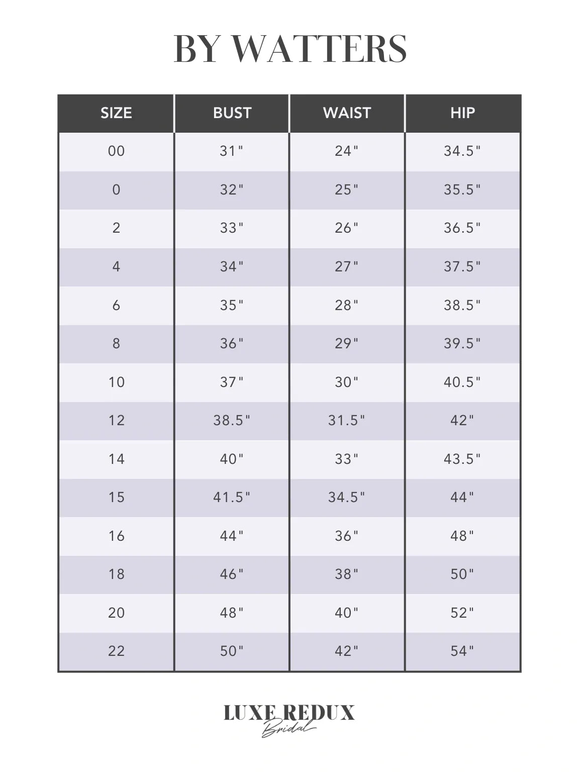 By Watters Pixie 38314 - Size 10 Size Chart