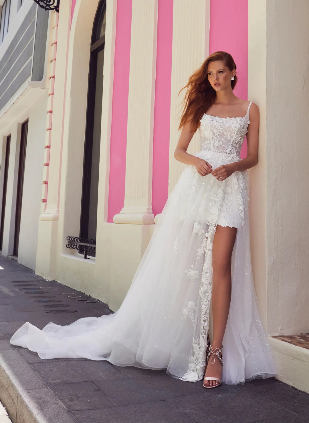 full front of calla blanche azucena ivory lace mini dress with a matching tulle overskirt