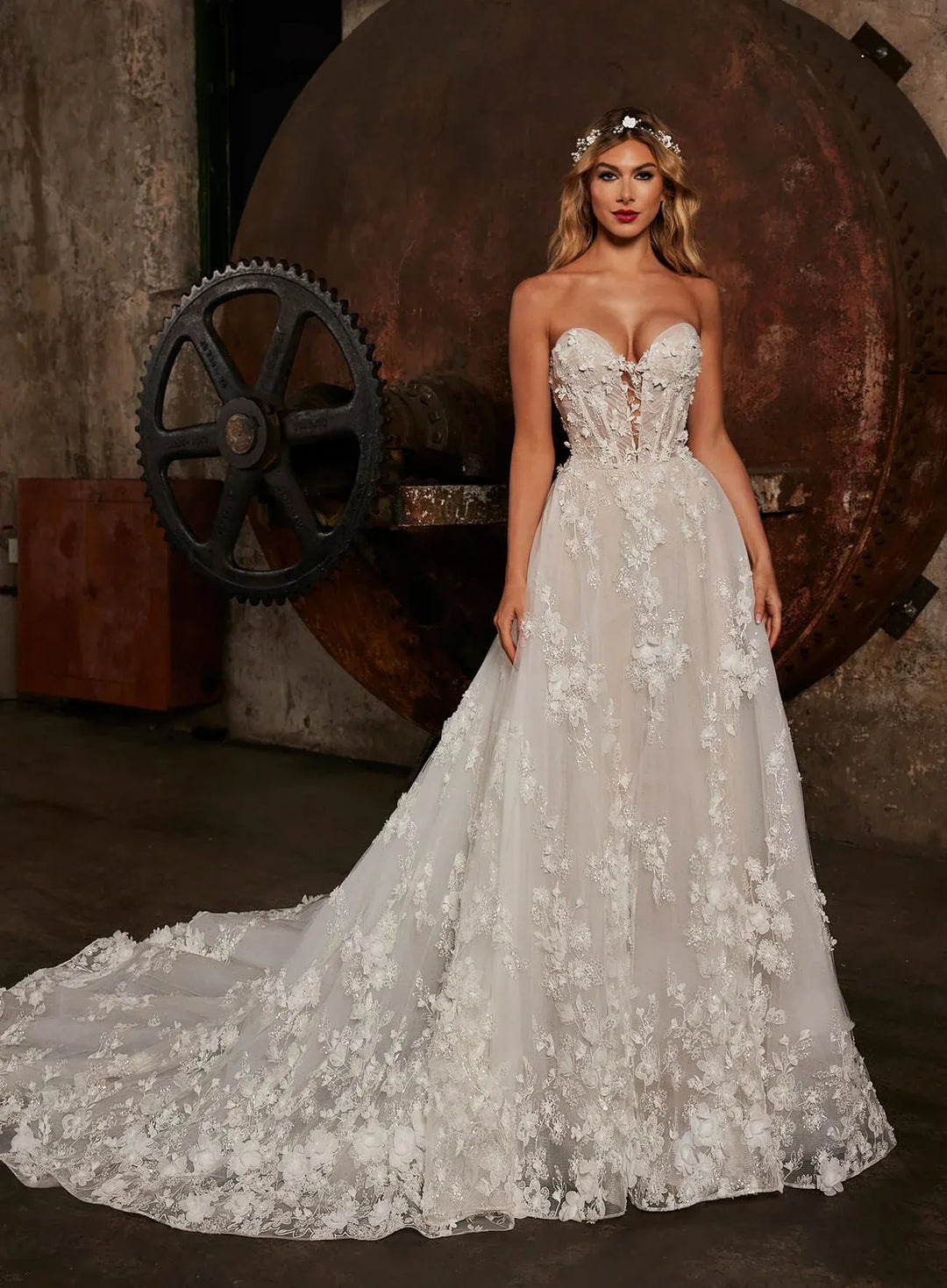 full front of calla blanche nude tulle a-line wedding dress with floral laces throughout and a sweetheart neckline