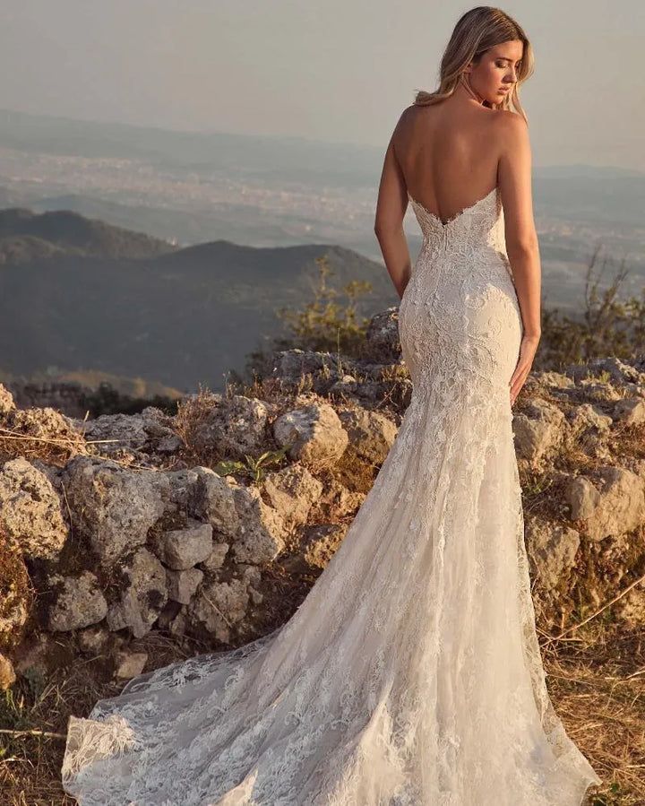 A woman stands outdoors on rocky terrain wearing a fitted lace wedding gown with a low open back and long train, photographed in warm golden-hour light with a hazy mountain landscape in the background.