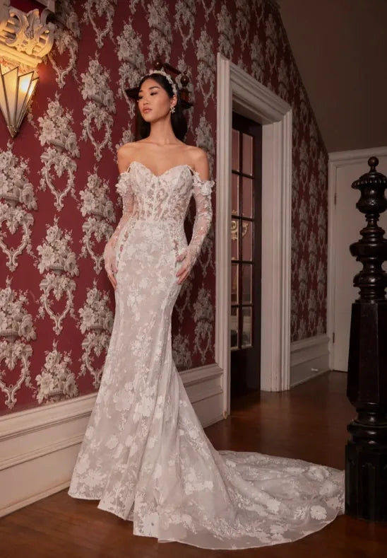 full front of calla blanche flo latte lace fit and flare wedding dress with detachable long sleeves