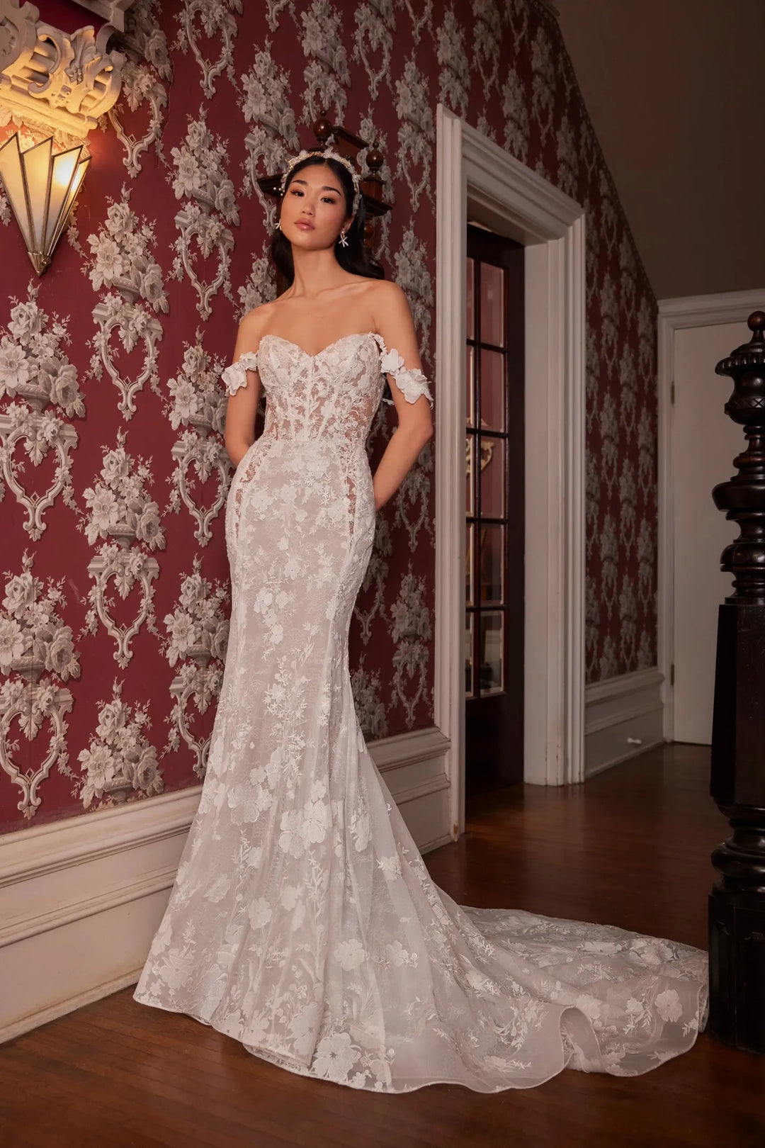 full front of calla blanche flo latte lace fit and flare wedding dress, shown without the detachable long sleeves
