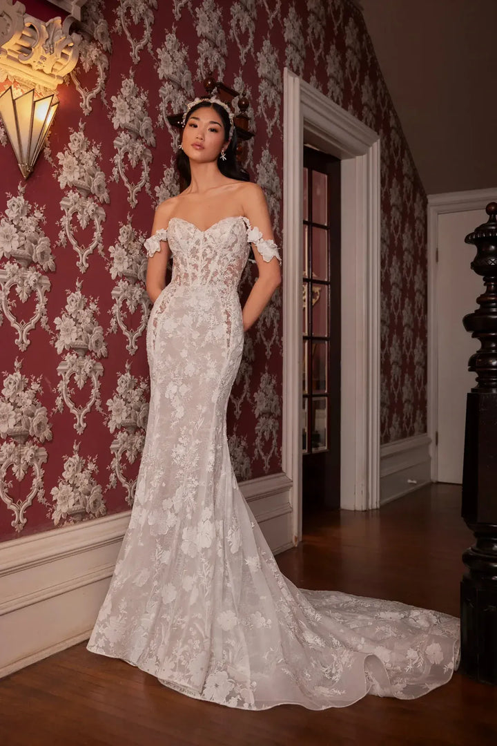 front of calla blanche flo ivory lace fitted wedding dress with a sweetheart neckline and floral lace straps